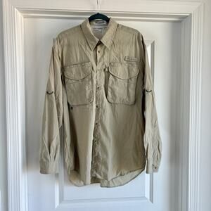 Columbia PFG Fishing Shirt Mens L Beige Vented Long Sleeve Outdoors Travel Camp